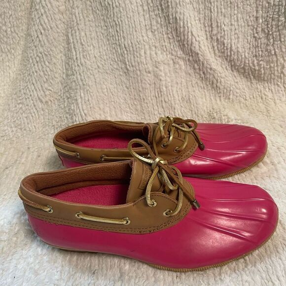 Sperry Top Spider Pink and Tan low profile duck shoes Women's Rain Boots SZ12 - Picture 1 of 12